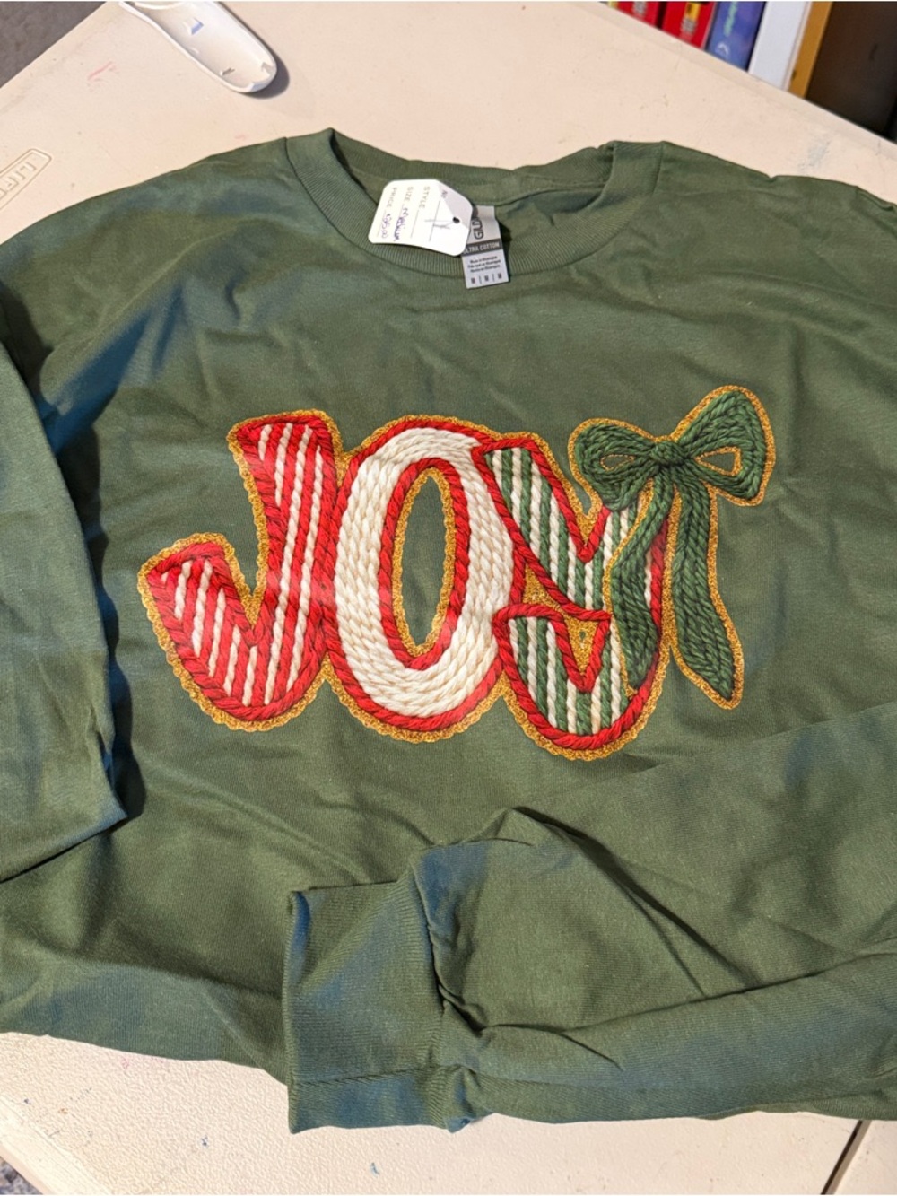 Gildan Olive Green Long-Sleeve Sweatshirt with Festive 'JOY' Applique